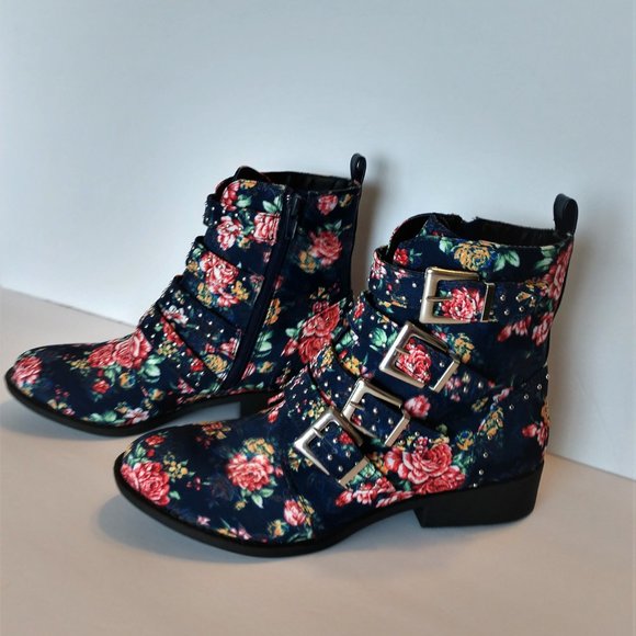 Qupid Rose Print Blue Denim Ankle Boots Buckles 5.5 - 10 - Picture 4 of 11